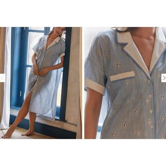 Anthropologie Cezzane Striped Eyelet Dress Loungewear Button Down Shirt Dress XS - Picture 1 of 12